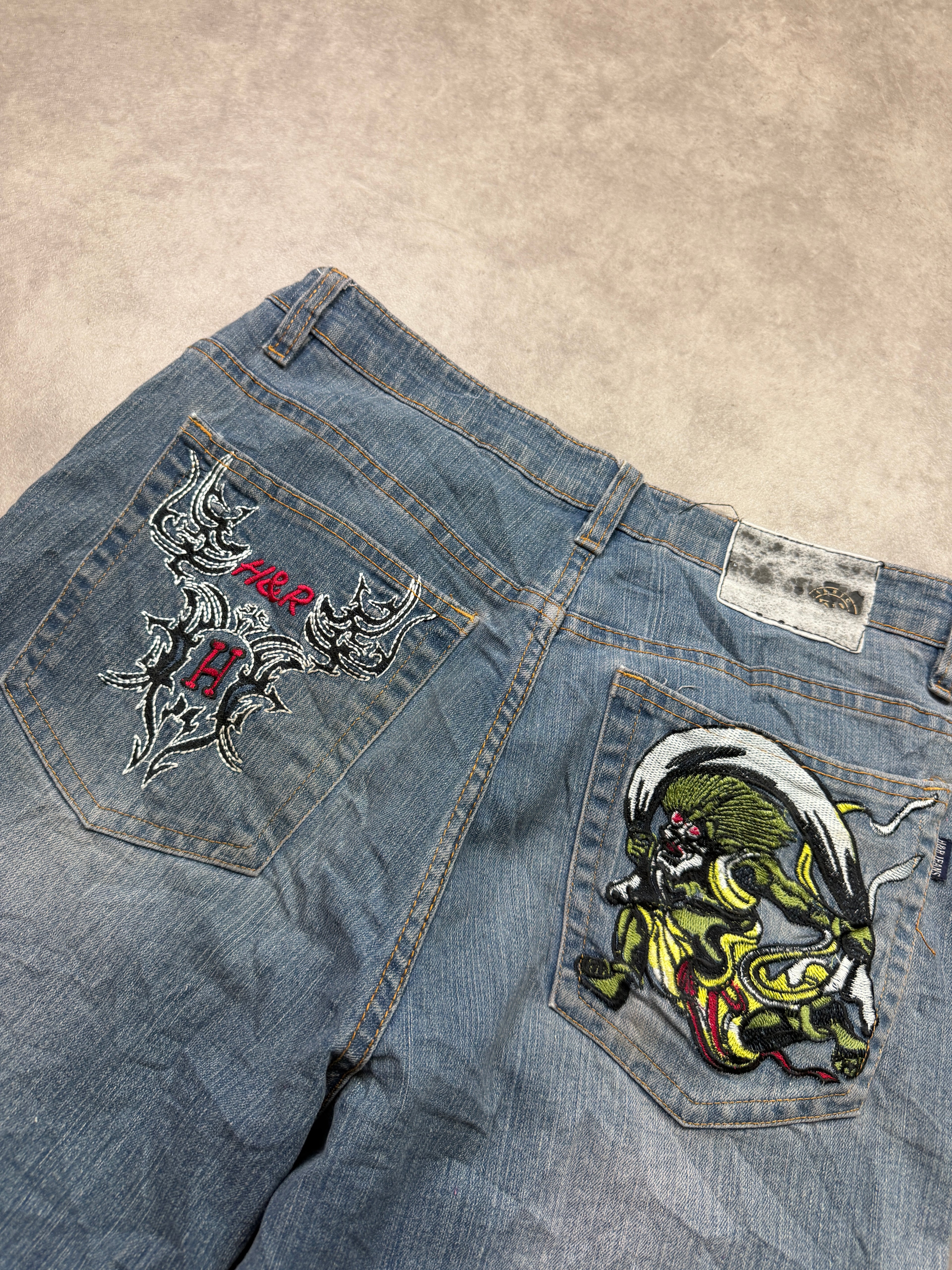 Her Vintage Jeans 2005 Blue Embroidery Backprint Denim Straight Herren M