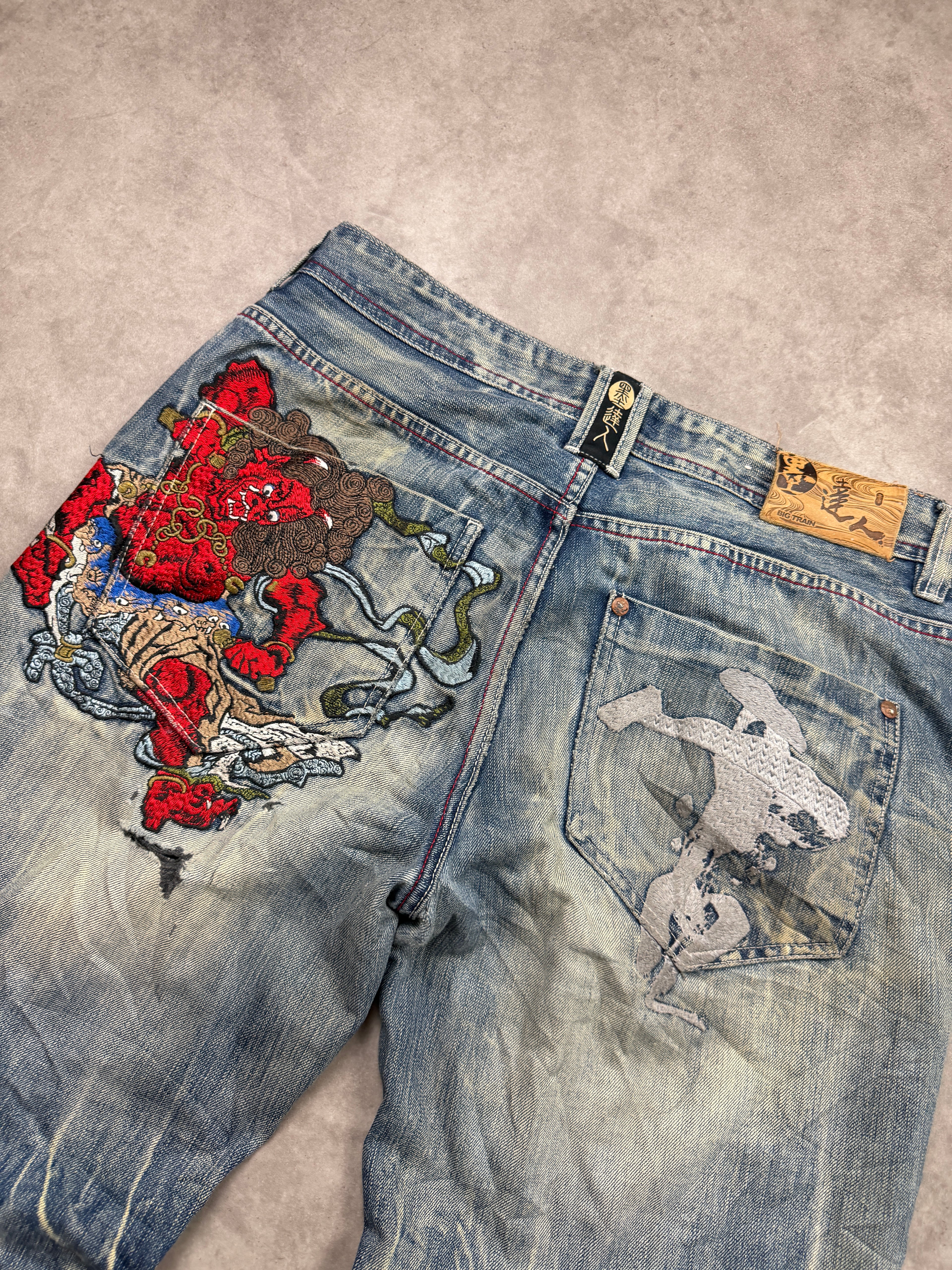 Big Train Vintage Jeans 2005 Blue Embroidery Dragon Backprint Denim Straight Herren L