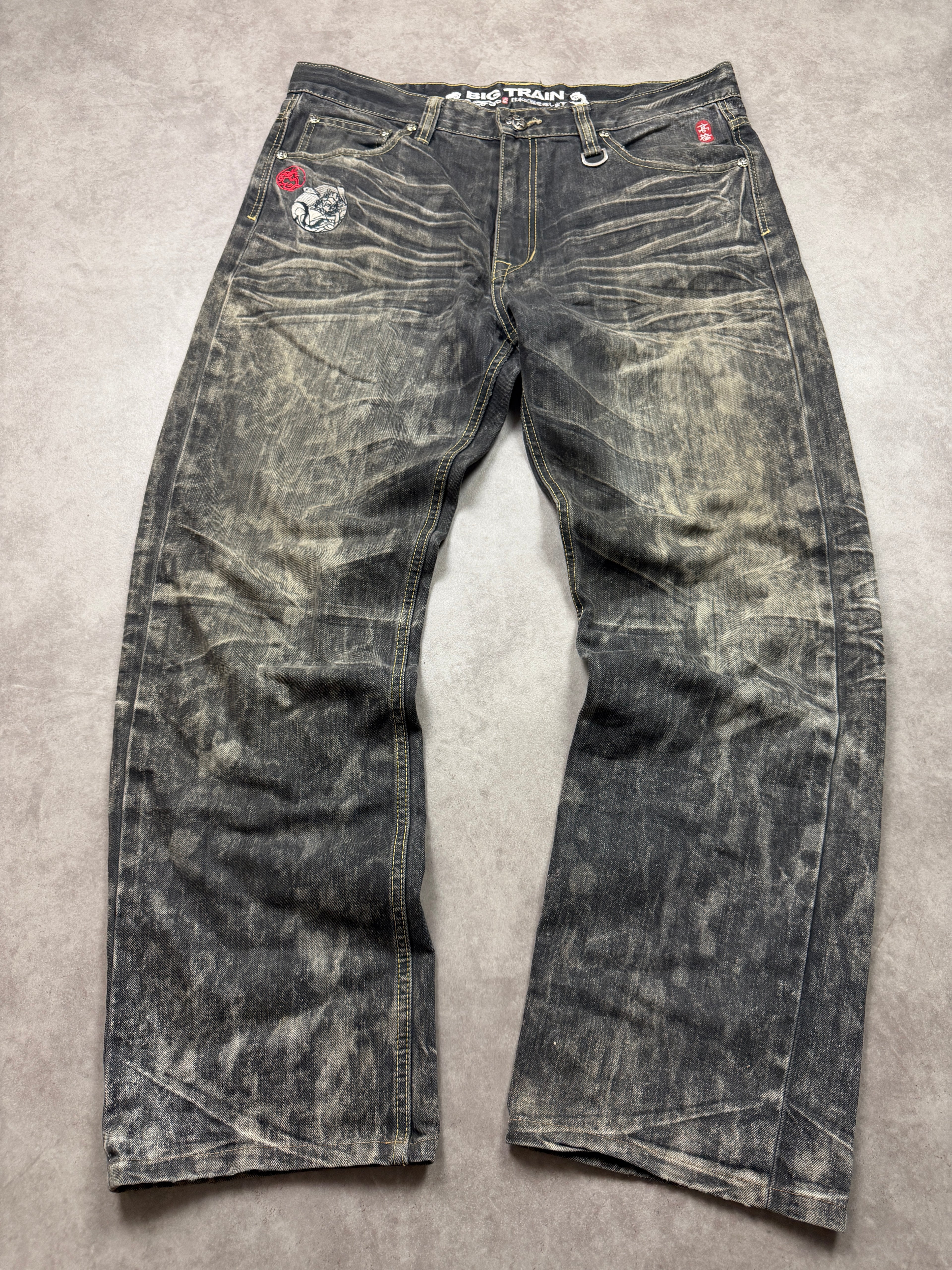 Big Train Vintage Jeans 2005 Black Embroidery Warrior Backprint Denim Straight Herren L