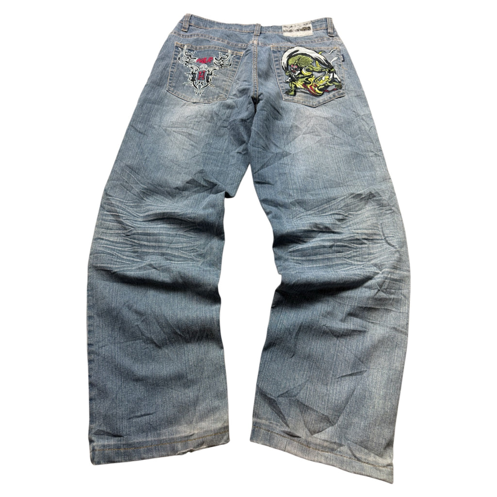 Her Vintage Jeans 2005 Blue Embroidery Backprint Denim Straight Herren M