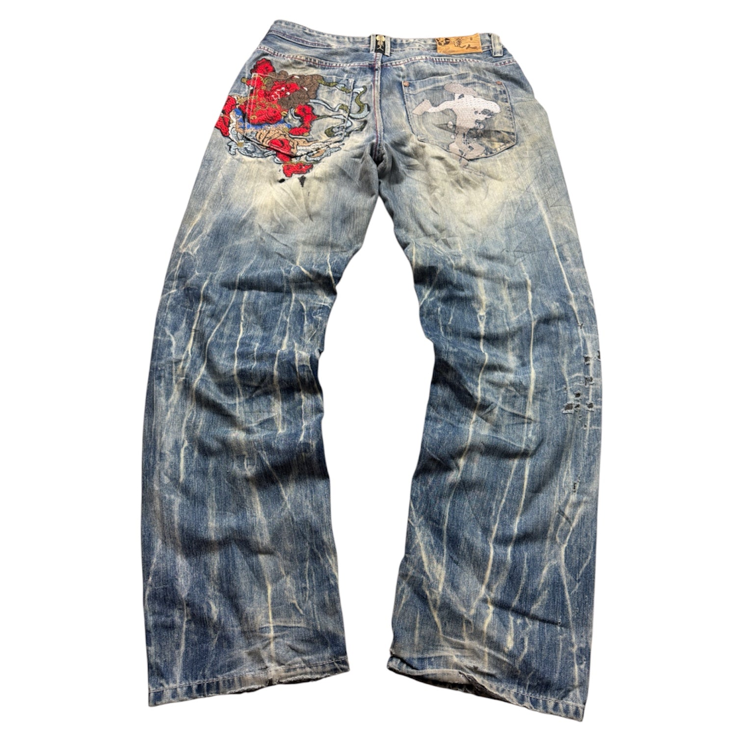 Big Train Vintage Jeans 2005 Blue Embroidery Dragon Backprint Denim Straight Herren L