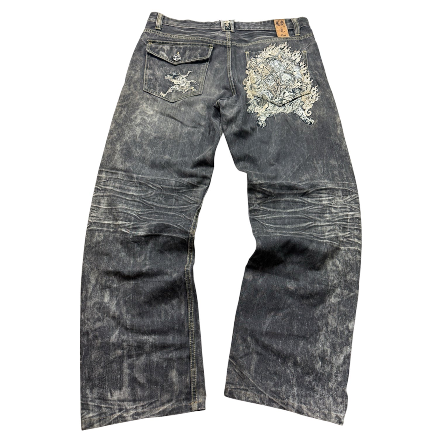Big Train Vintage Jeans 2005 Black Embroidery Warrior Backprint Denim Straight Herren L